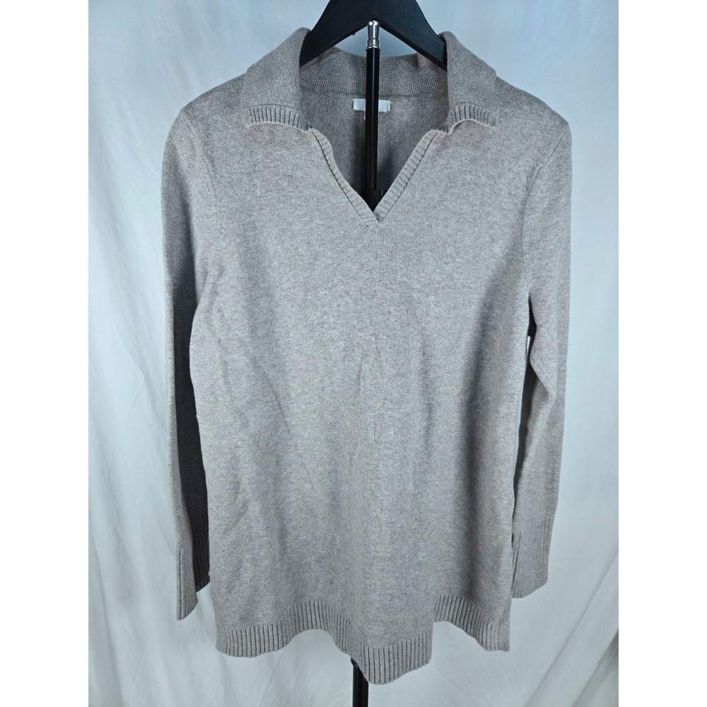 J Jill Pure Jill M Gray Cotton Cashmere Collared V Neck Sweater Cozy Neutral